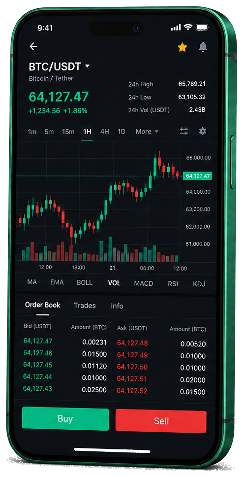 Plataforma Zeltix ai para trading móvel — gráfico BTC/USDT em tempo real, livro de ordens e painel de operações